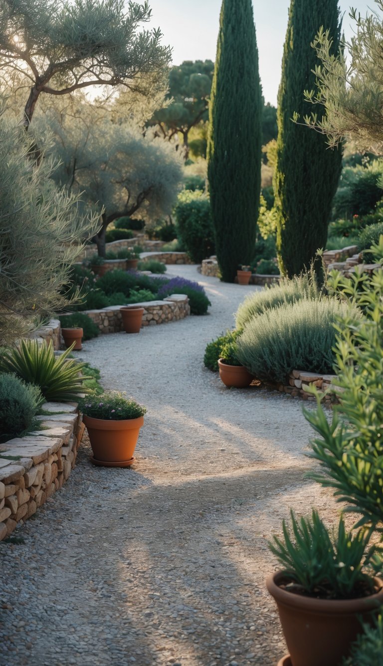 A garden with winding gravel paths surrounded by olive trees, lavender, rosemary, and stone walls under warm sunlight.