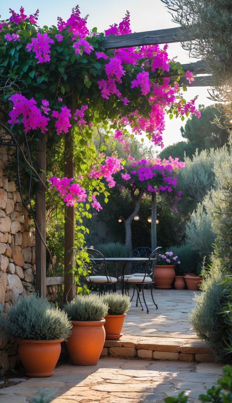 A peaceful Mediterranean garden with bougainvillea vines climbing on trellises and stone walls, surrounded by greenery and outdoor seating.