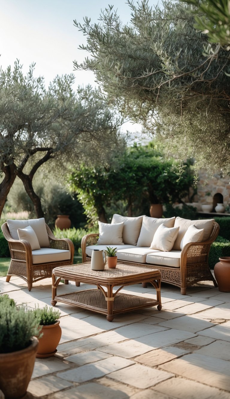 Outdoor garden seating area with rattan furniture surrounded by Mediterranean plants and soft sunlight.