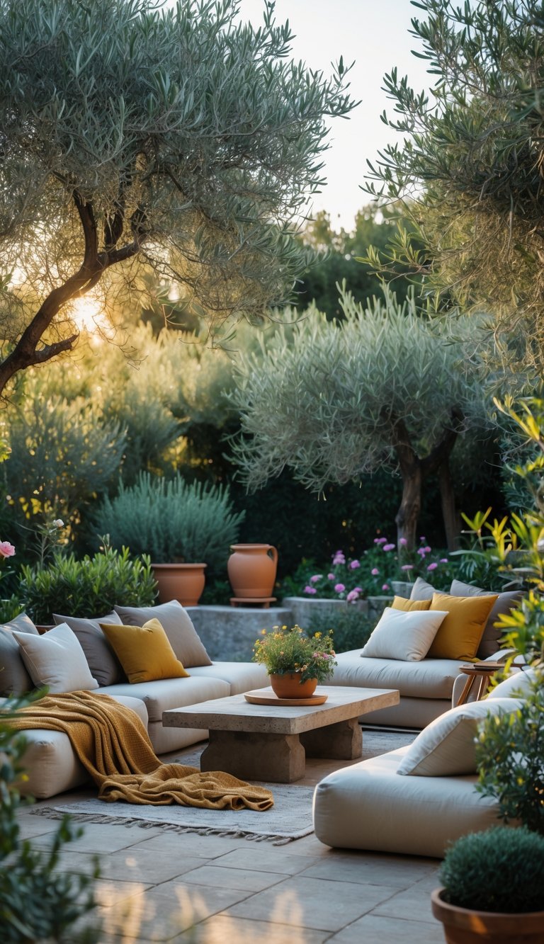 Outdoor garden seating area with cushions and throws surrounded by plants and trees.
