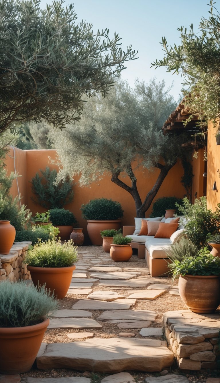 A peaceful Mediterranean garden with terracotta pots, stone pathways, olive trees, and outdoor seating surrounded by greenery.