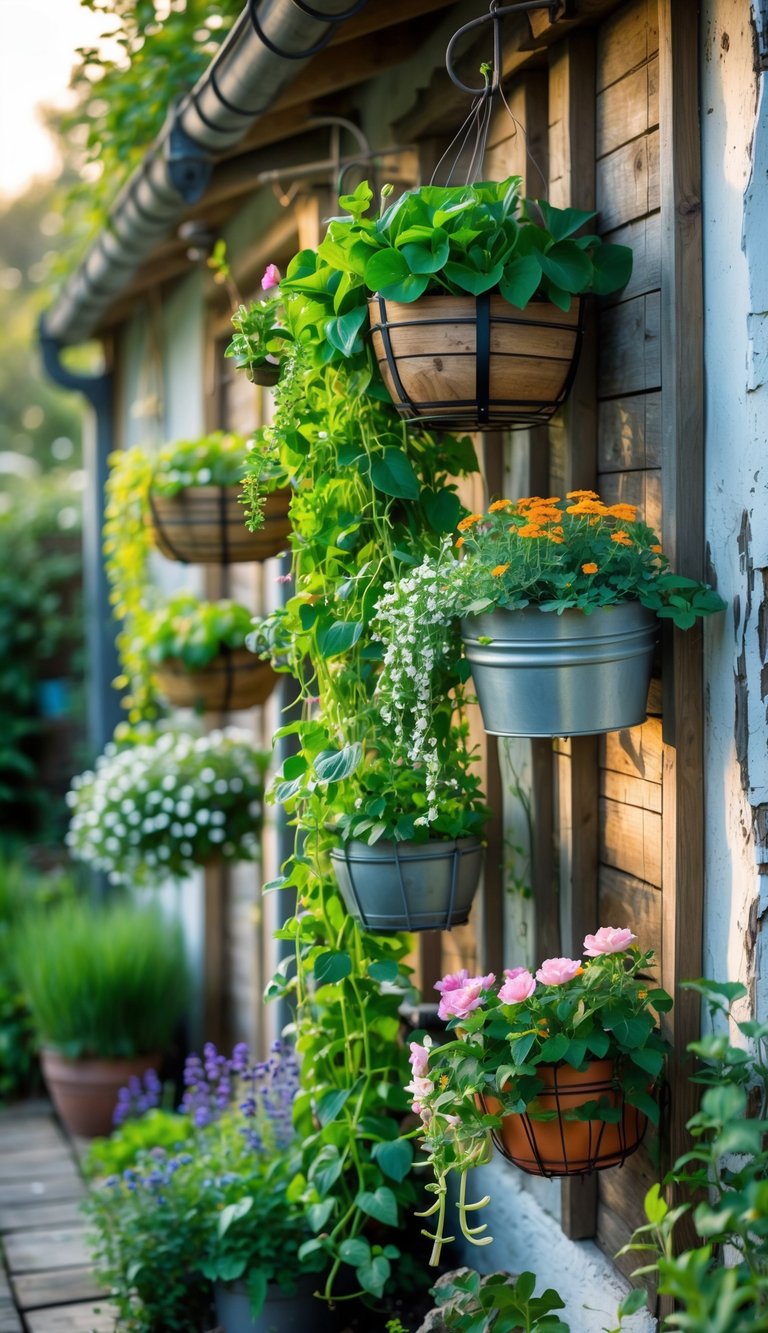 A small garden with hanging baskets and wall planters filled with green plants and colorful flowers on a cottage wall.
