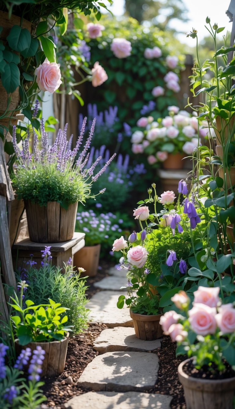 A small cottage garden with blooming English lavender, sweet peas, and roses arranged around a stone pathway and garden furniture.