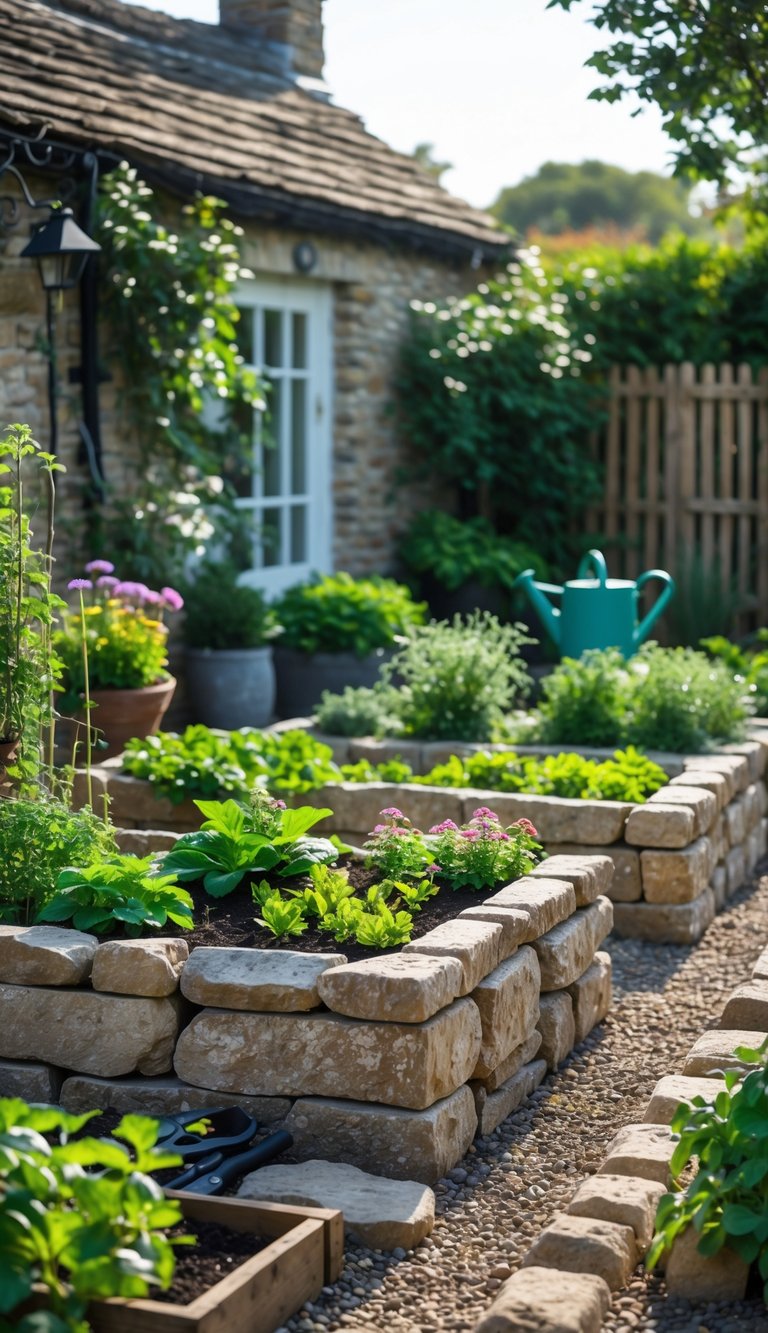 A small cottage garden with raised stone beds filled with plants and flowers, surrounded by pathways and a cottage in the background.