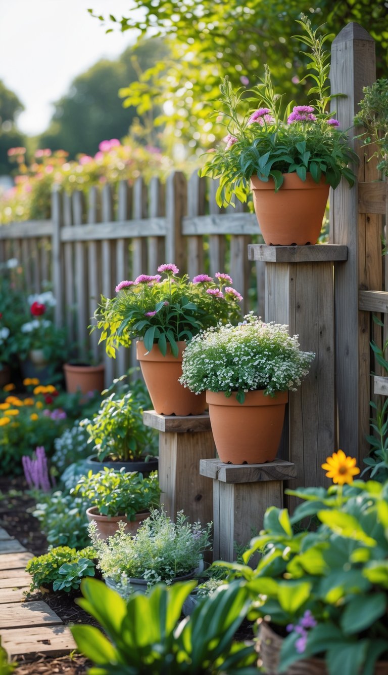A small garden with flower pots placed on wooden posts, surrounded by various plants and flowers.