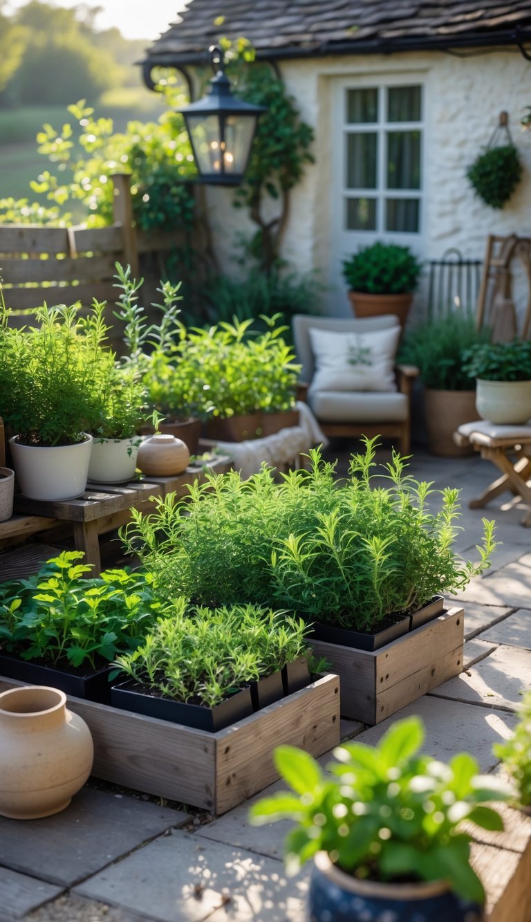 A small cozy garden with pots and raised beds growing thyme, rosemary, and mint herbs arranged on a patio next to a cottage wall.