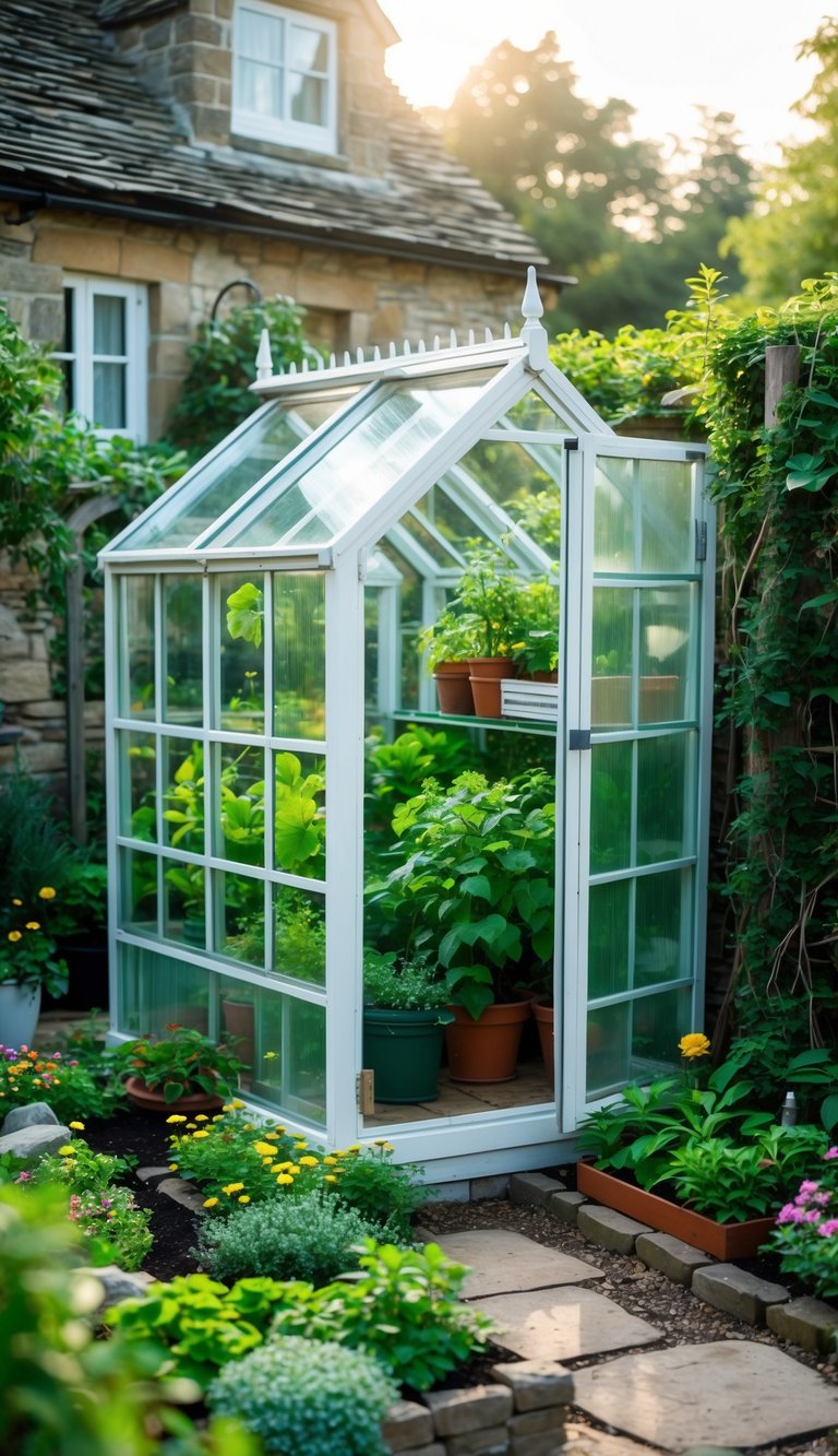 A small glass greenhouse filled with plants in a tiny garden next to a cozy cottage surrounded by flowers and greenery.