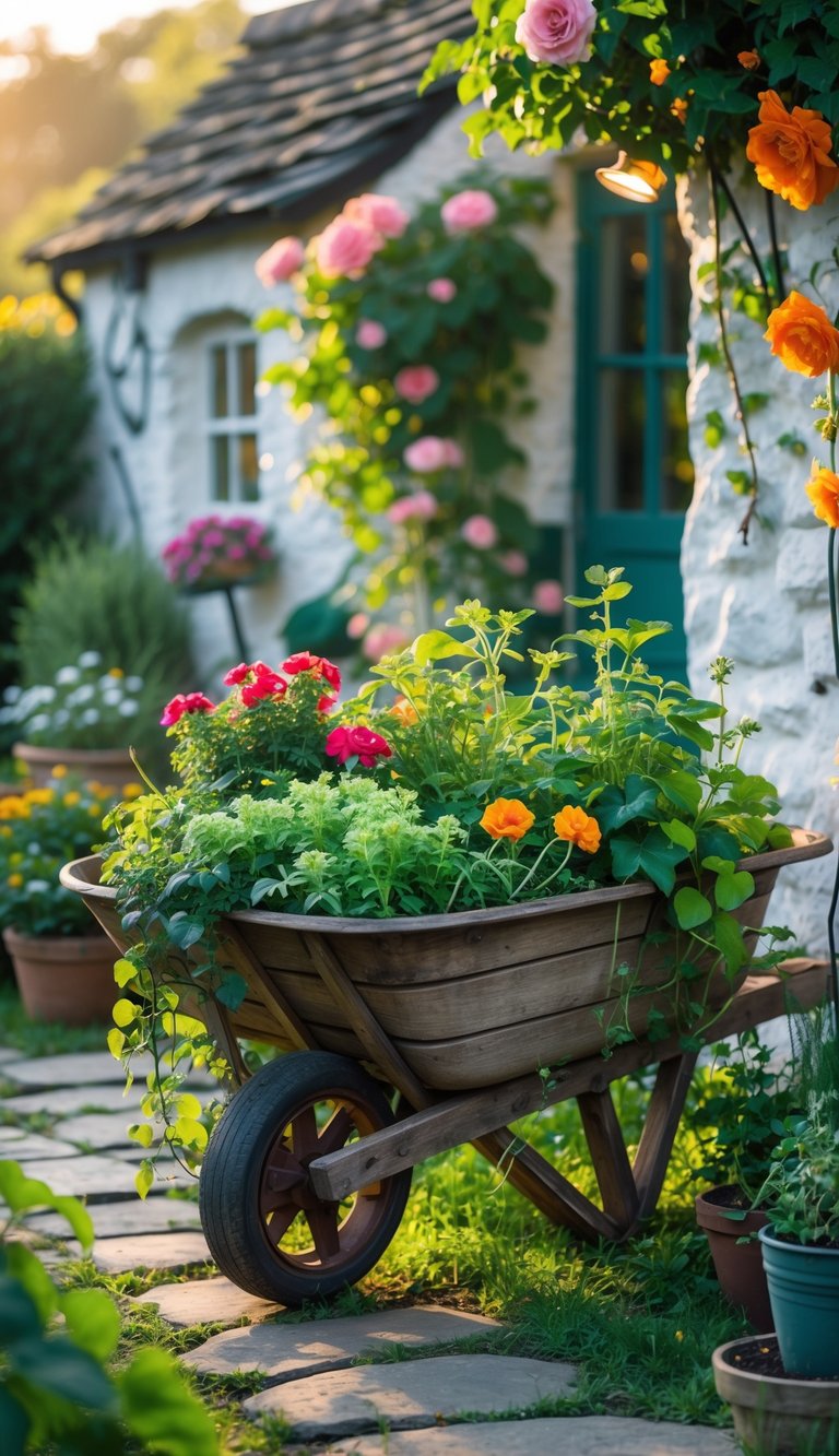 A wooden wheelbarrow filled with colorful flowers and green plants in a small garden next to a cottage wall.