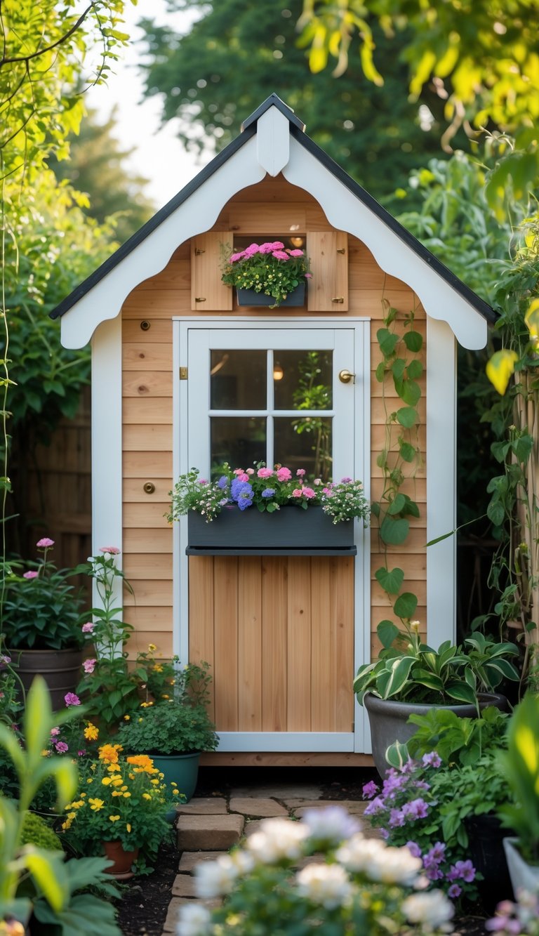 A small wooden garden shed surrounded by green plants and colorful flowers in a compact garden space.
