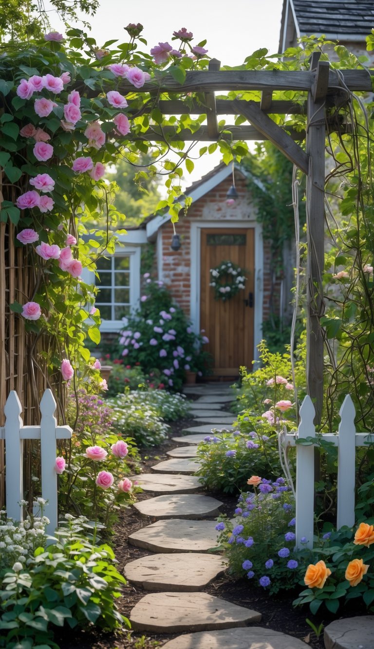 A small cottage garden with climbing clematis and roses growing on a wooden trellis and white fence, surrounded by colorful flowers and a stone path leading to a cottage door.