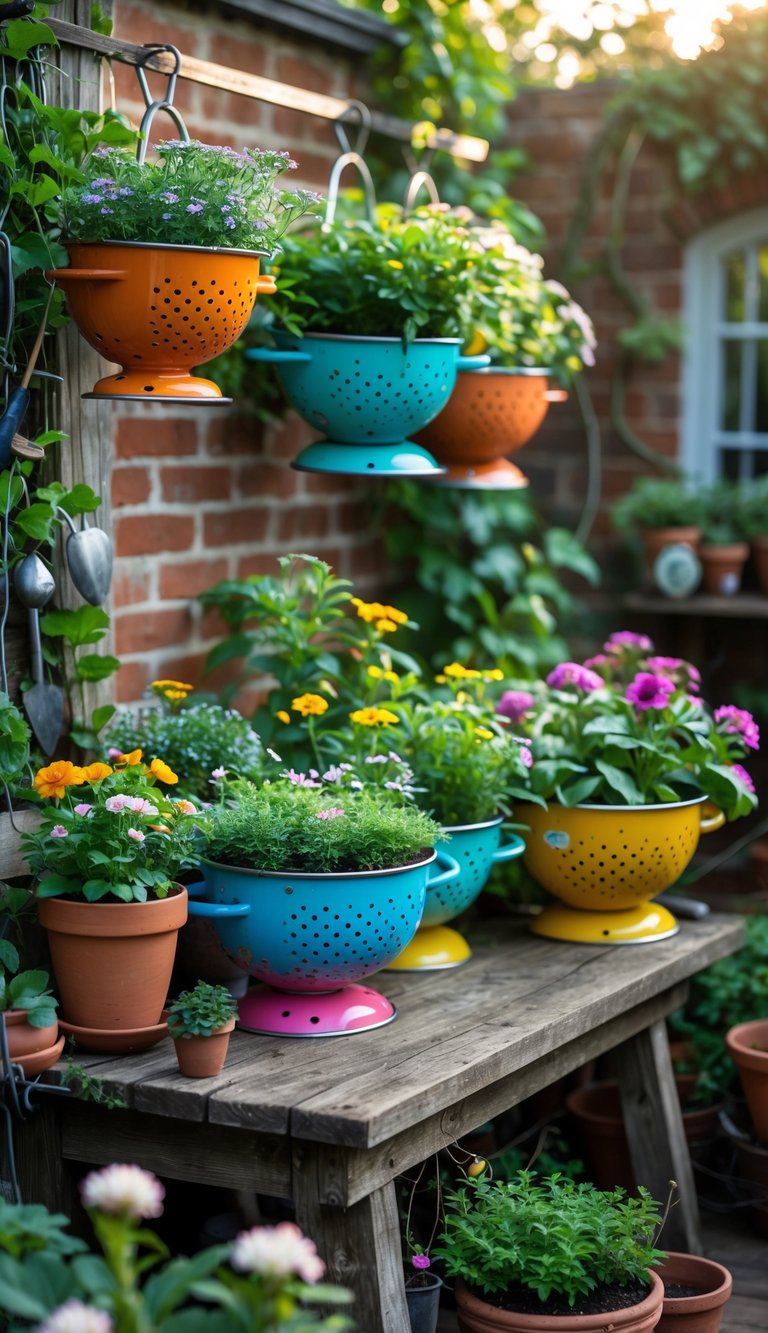 A small garden space with colorful colanders used as planters filled with green plants and flowers, surrounded by other potted plants and garden decorations.
