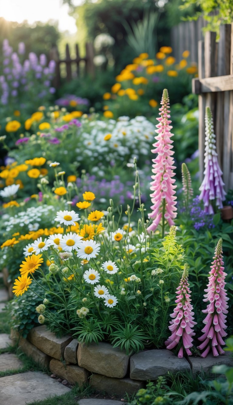 A small, colorful cottage garden with blooming daisies and tall foxgloves surrounded by green foliage and a stone path.