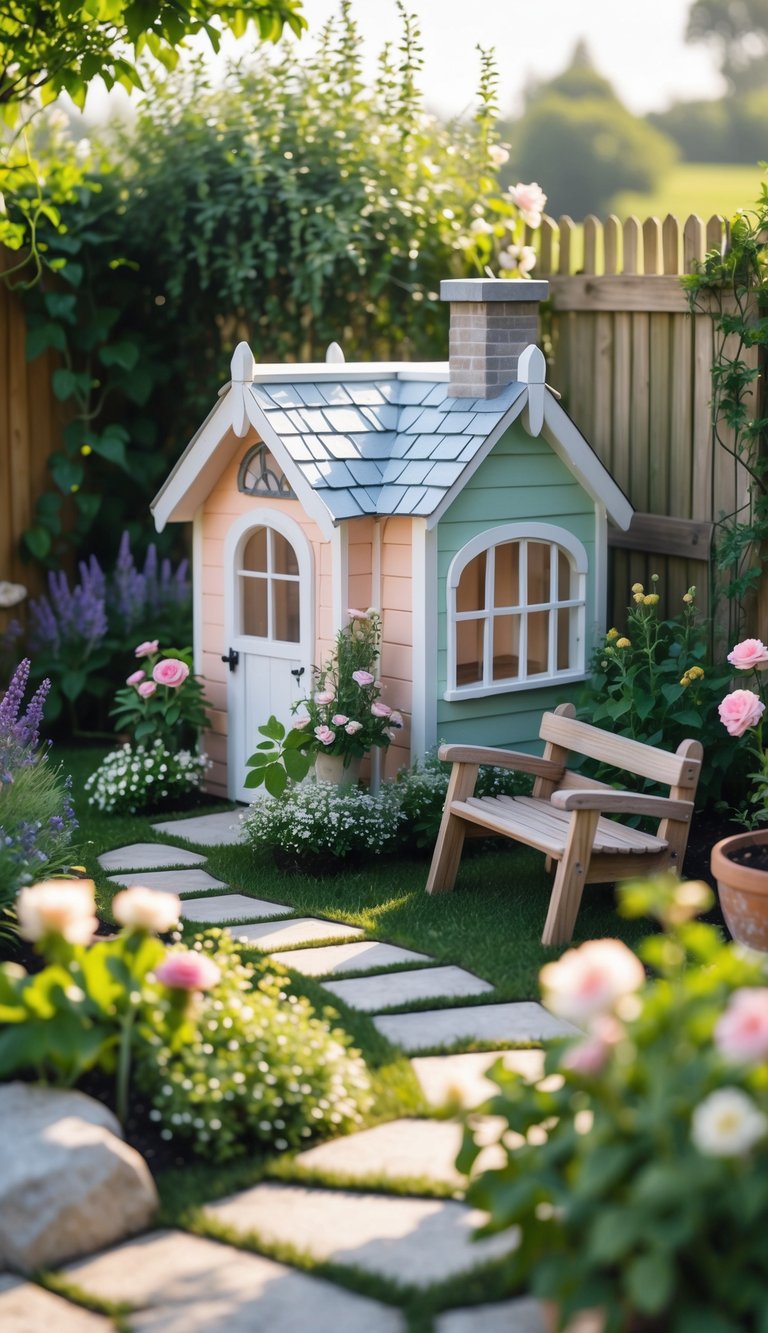 A small English play cottage surrounded by a cozy garden with flowering plants and greenery.