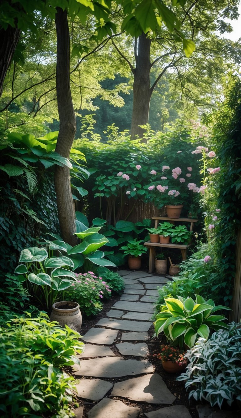 A small shaded garden under trees with shade-tolerant plants, a stone pathway, and a wooden bench surrounded by greenery and flowers.