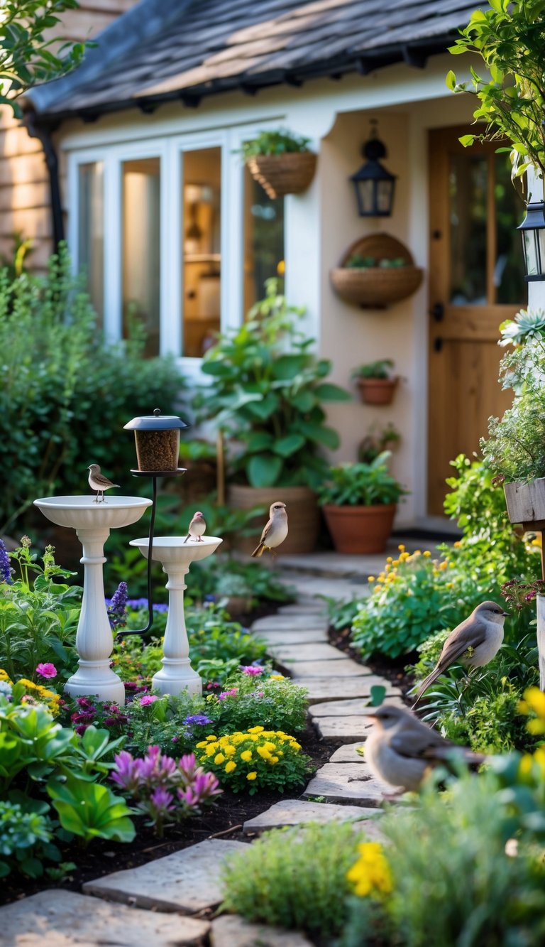 A small cottage garden with birdbaths and feeders attracting birds among colorful flowers and plants.