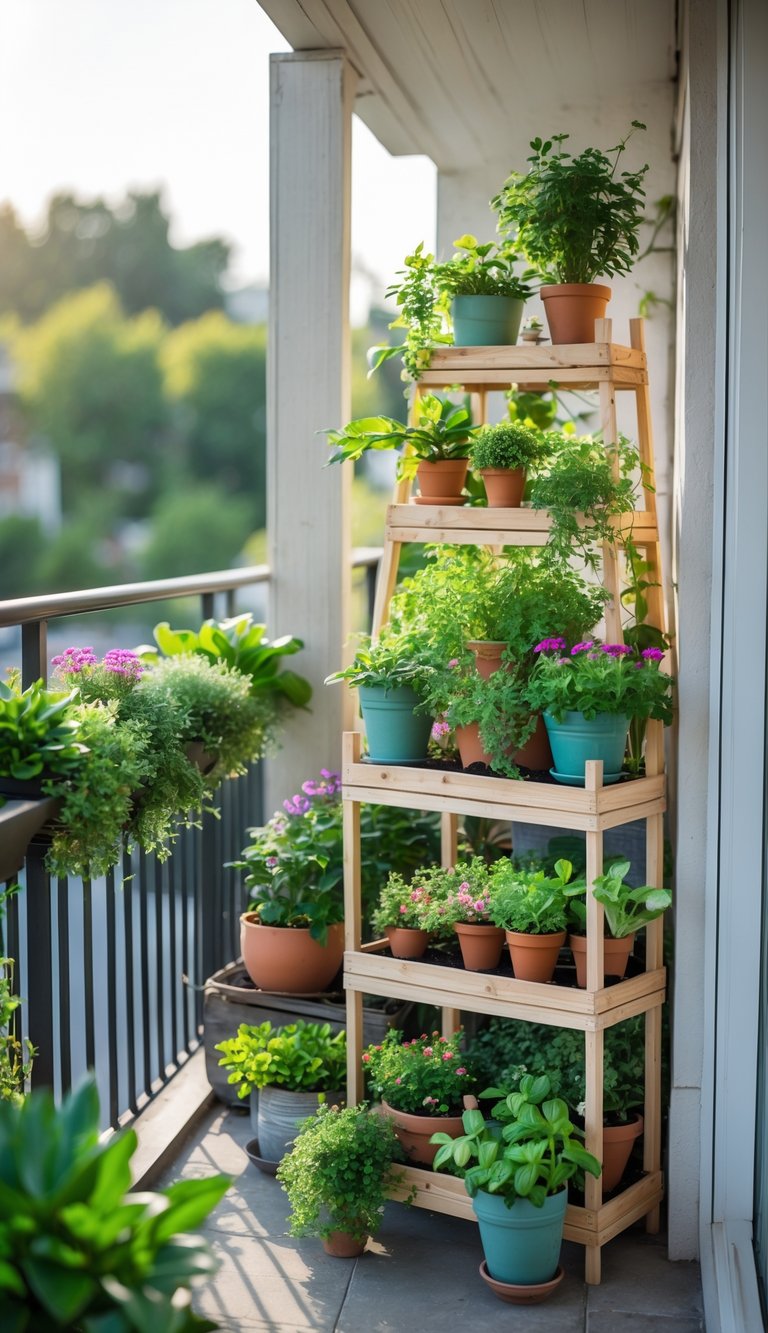 Small balcony with tiered plant stands filled with green plants and colorful flowers, creating a cozy garden space.