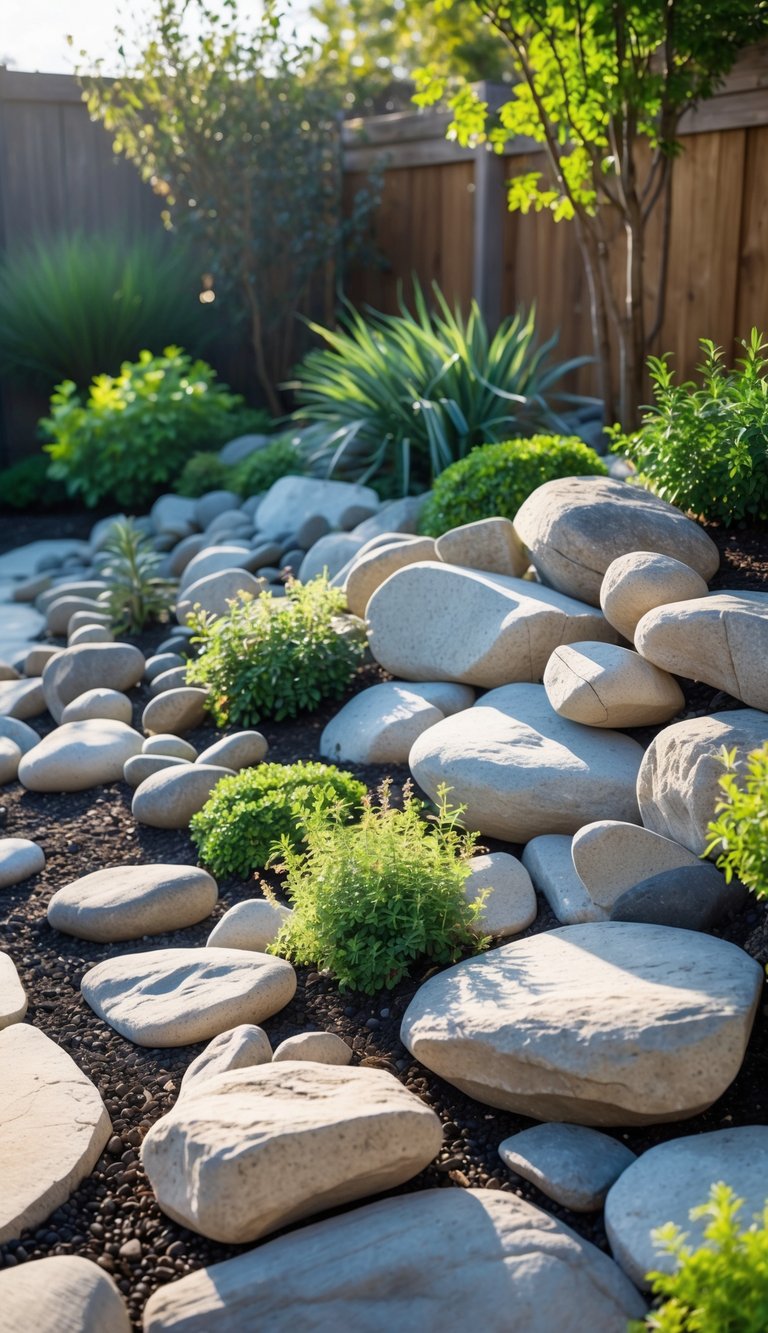 A backyard rock garden with smooth river rocks and green plants arranged among them.