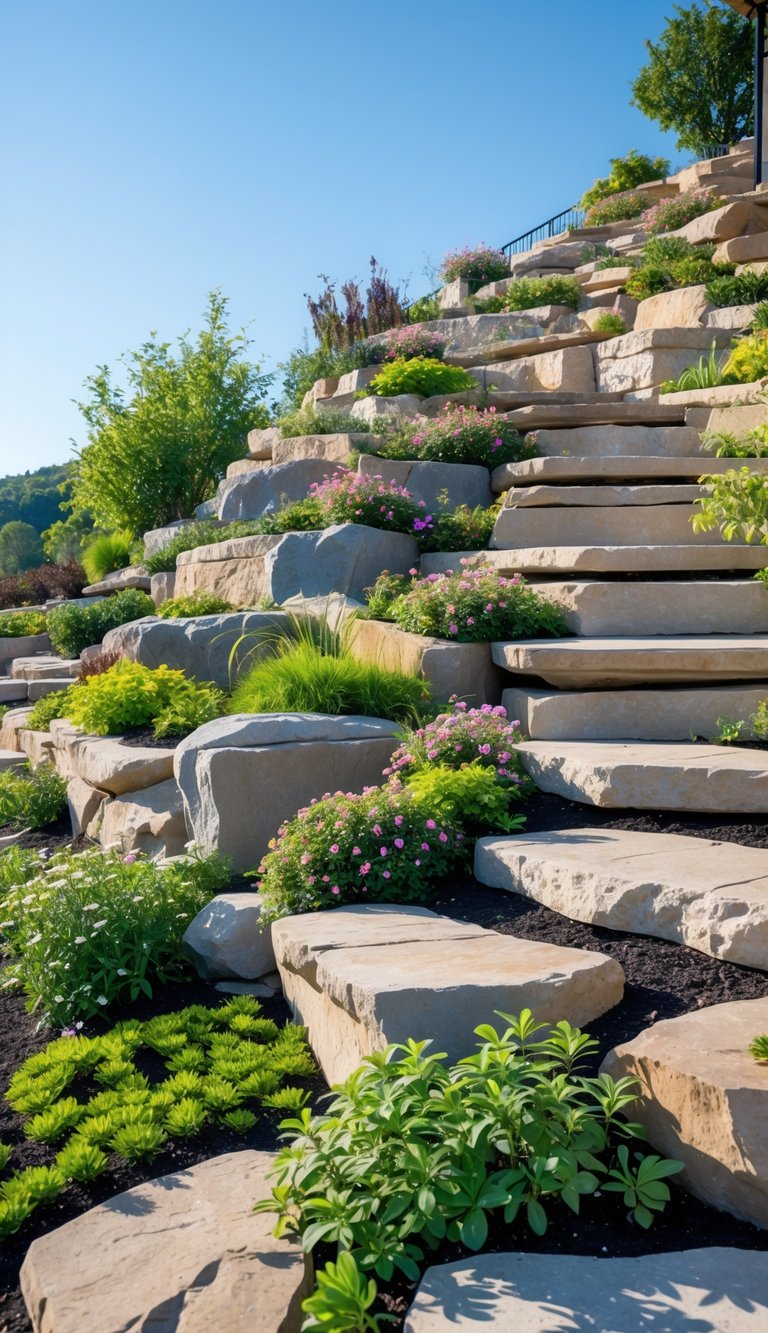 A tiered rock garden on a hillside with stone terraces, green plants, and colorful flowers under a clear sky.