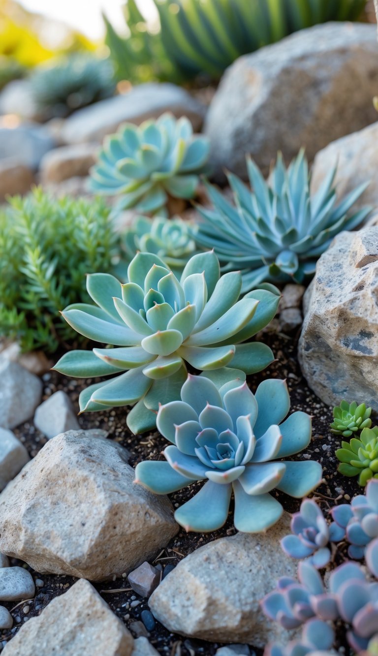 A rock garden with various drought-tolerant succulents planted between natural rocks.