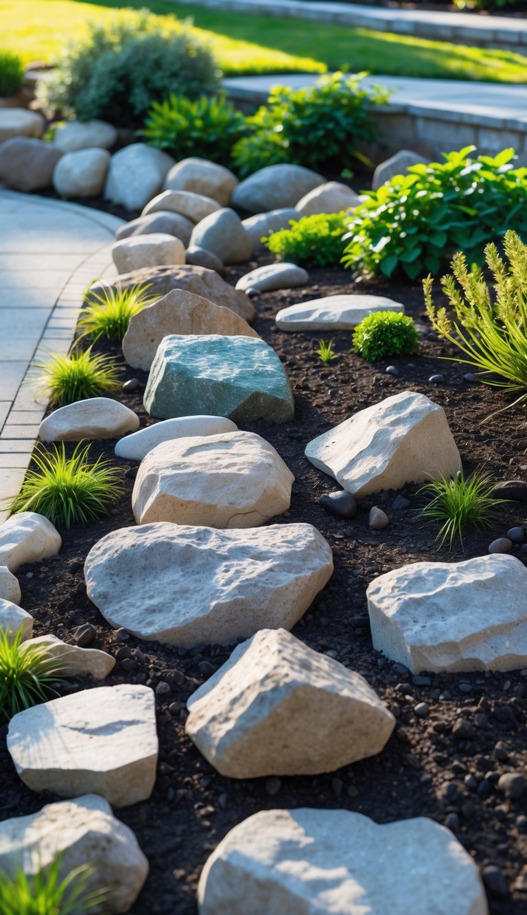 A rock garden with various stones partially buried in soil, surrounded by green plants and grass in a backyard.