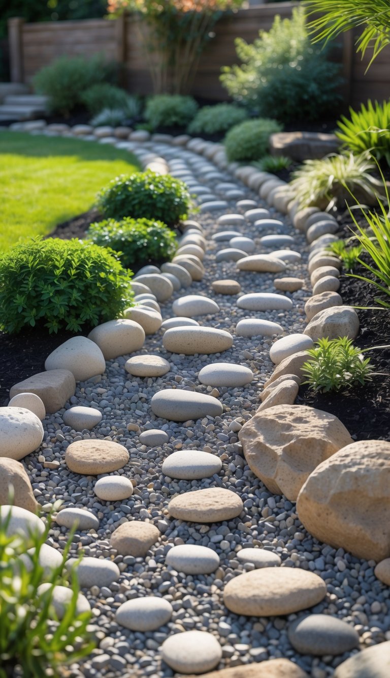 A dry stream bed made of gravel and stones winding through a garden with green plants and shrubs.