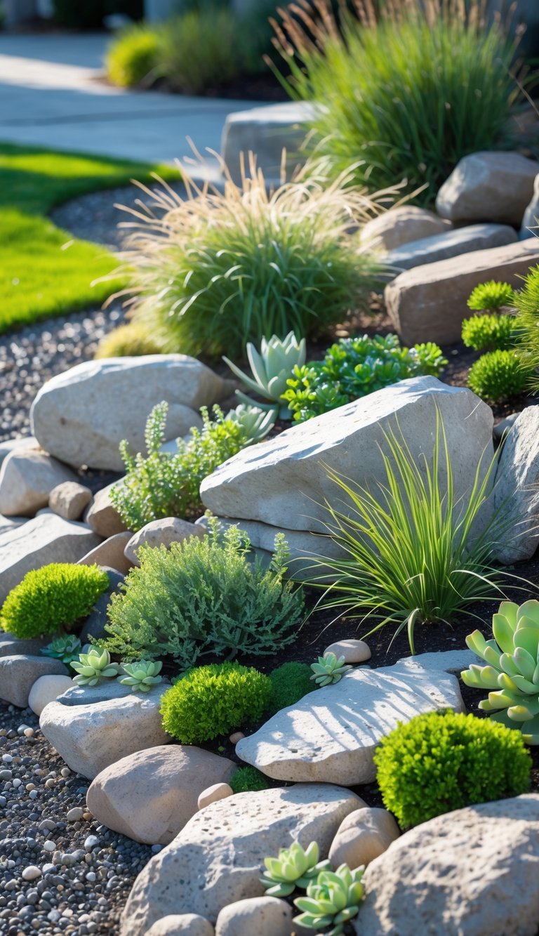 A rock garden with various native plants growing among natural rocks in a yard.