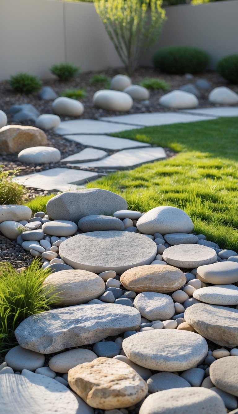 Outdoor rock garden with various stones arranged in geometric patterns on green grass.