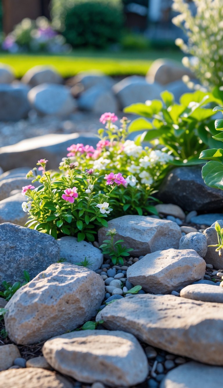 A rock garden with small flowering plants growing in crevices between various rocks.