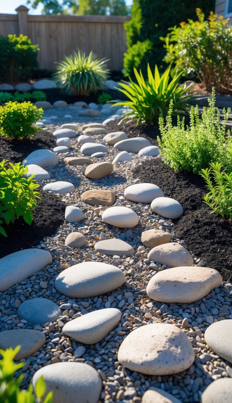 A backyard rock garden with gravel mulch covering the soil and green plants growing around it.