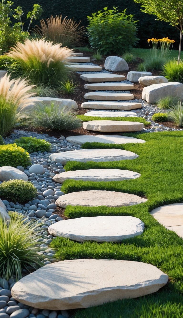 A backyard rock garden with flat stones forming stepping paths and seating areas surrounded by green plants and flowers.