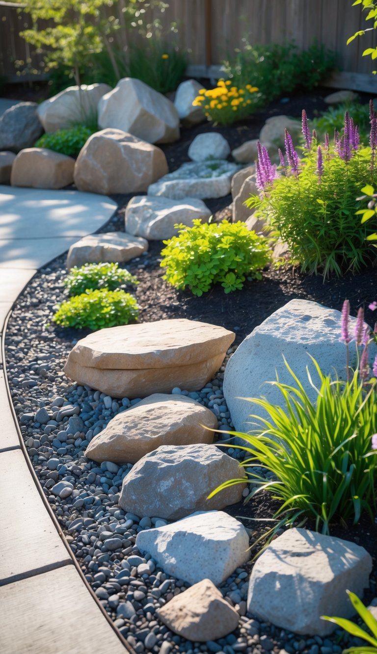 A rock garden with various sizes of rocks surrounded by green plants and flowers in an outdoor yard.