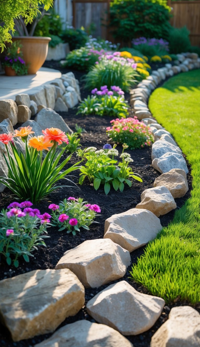 A garden with flower beds bordered by natural rocks, filled with colorful flowers and green plants.