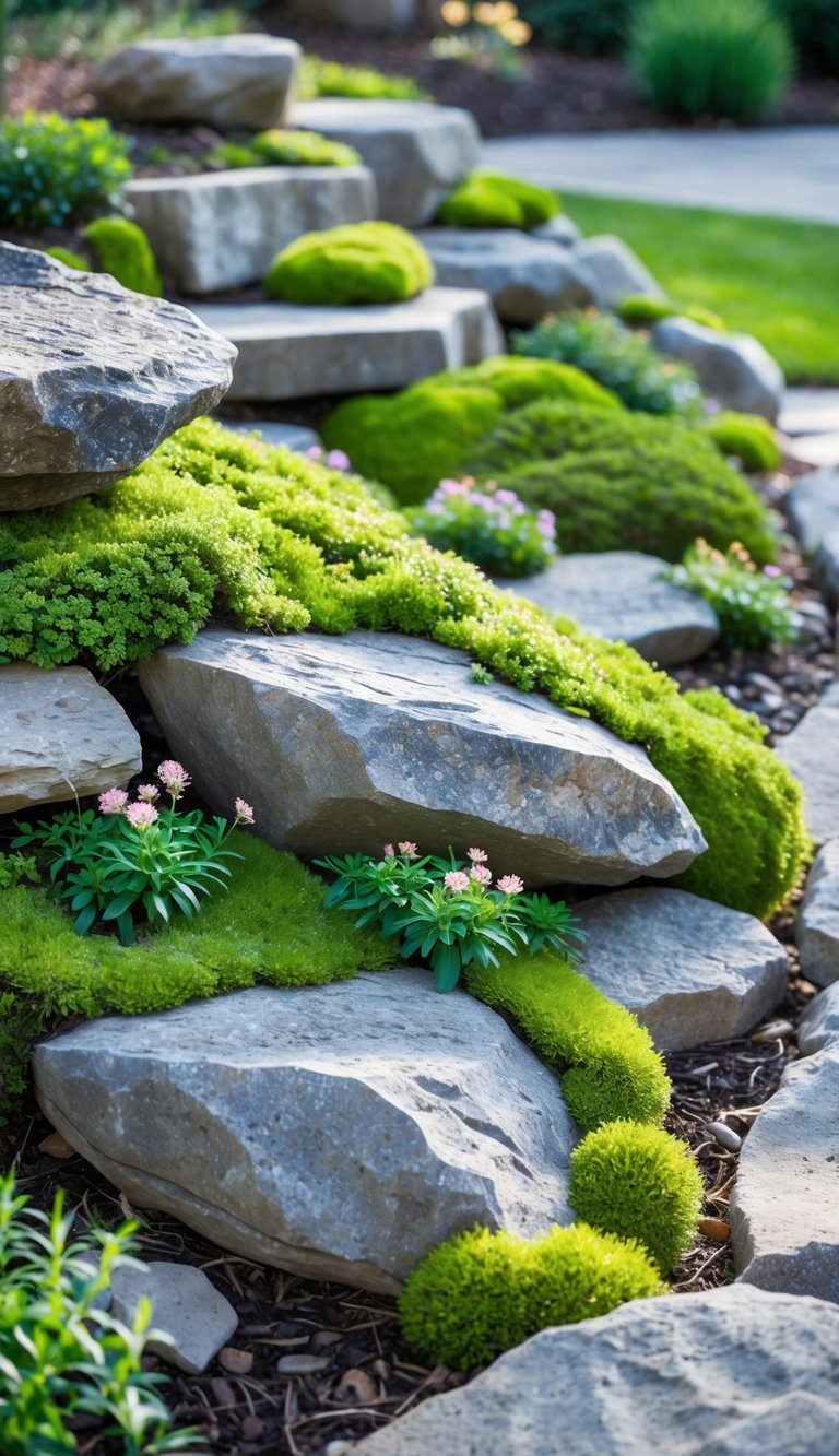 A rock garden with natural rocks softened by moss and groundcover plants, surrounded by a green yard.
