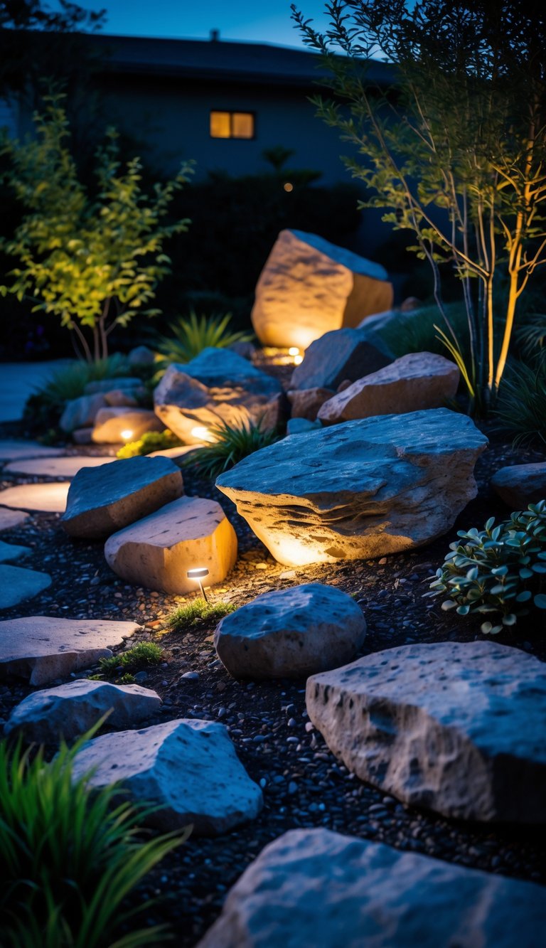 A nighttime rock garden with various rocks illuminated by soft lighting, surrounded by plants in a yard.