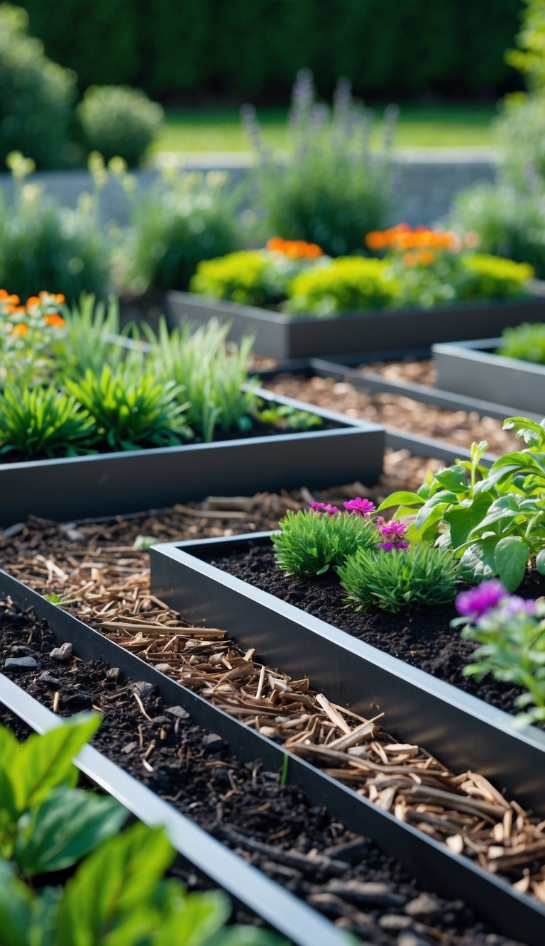 A garden with neatly arranged flower beds bordered by sleek metal edging and filled with green plants and colorful flowers.