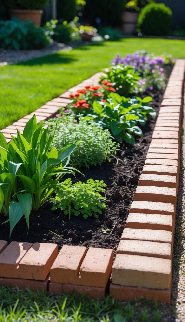 A garden bed bordered by a straight line of red bricks with green plants and flowers inside, next to a grassy lawn.