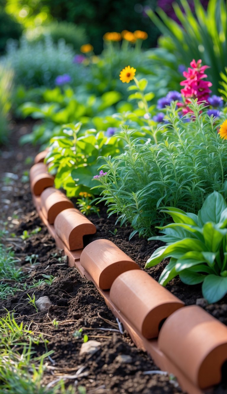 A garden bed bordered with terracotta edging surrounded by green plants and colorful flowers.