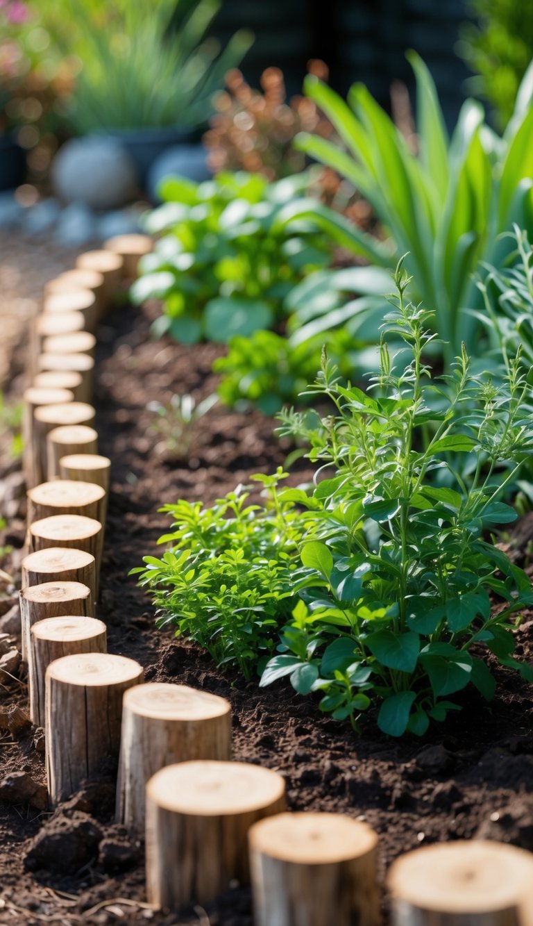 A garden bed bordered by neatly arranged wooden logs with plants inside and soil around them.