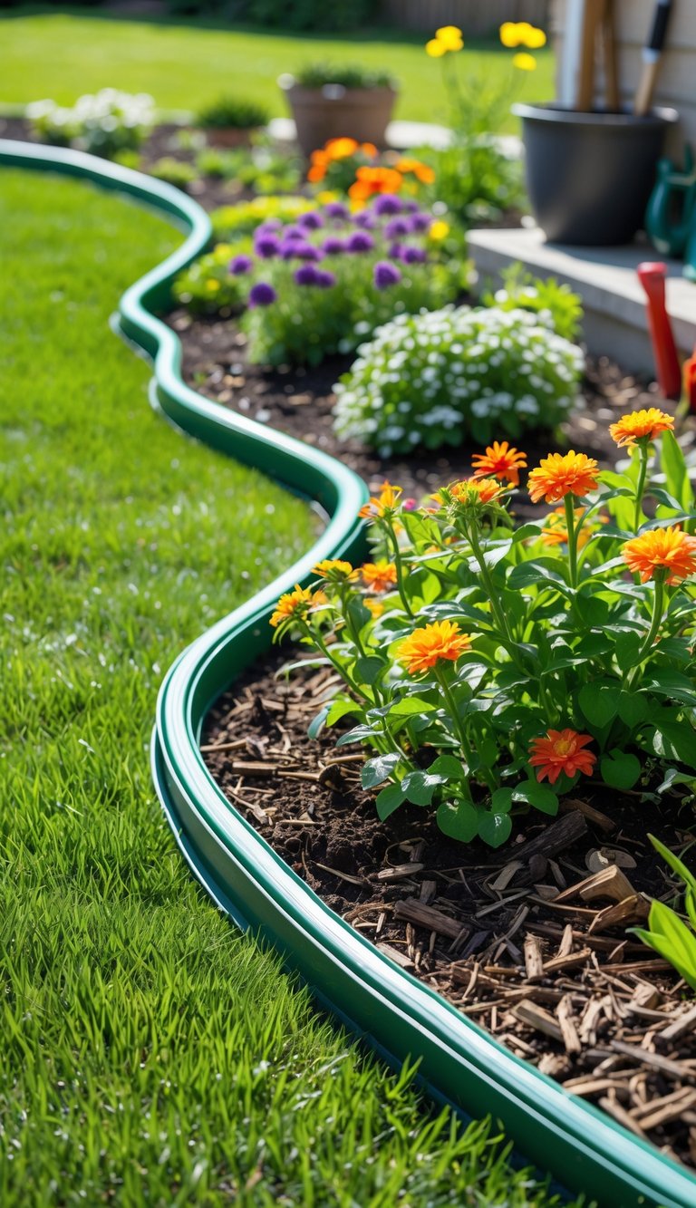 A garden bed bordered with flexible plastic lawn edging separating green grass from colorful flowers and mulch in a sunny backyard.