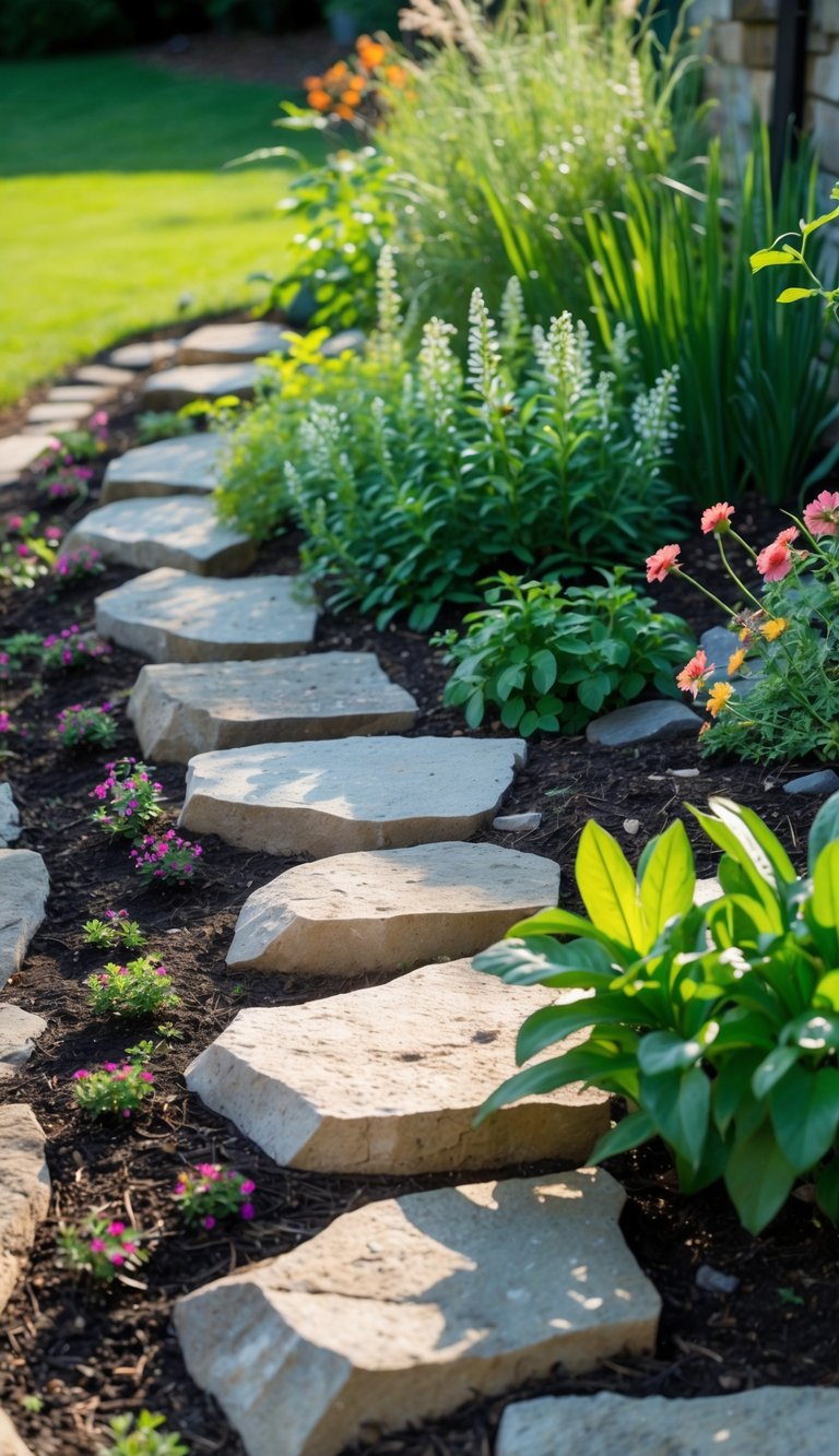 A garden bed bordered by natural flagstone edging with green plants and colorful flowers.