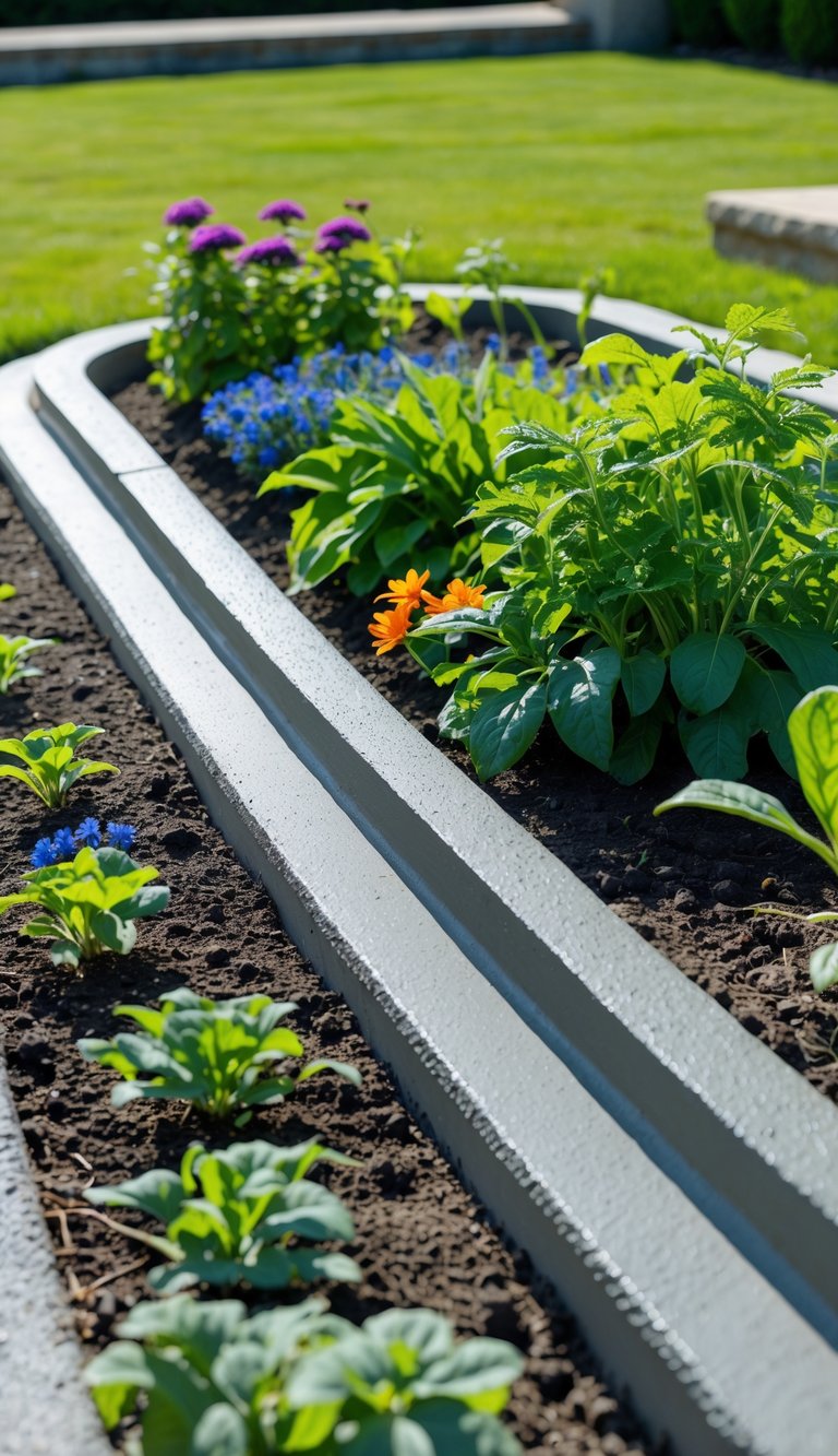 A garden bed with freshly poured concrete curbing creating clean edges around green plants and colorful flowers.