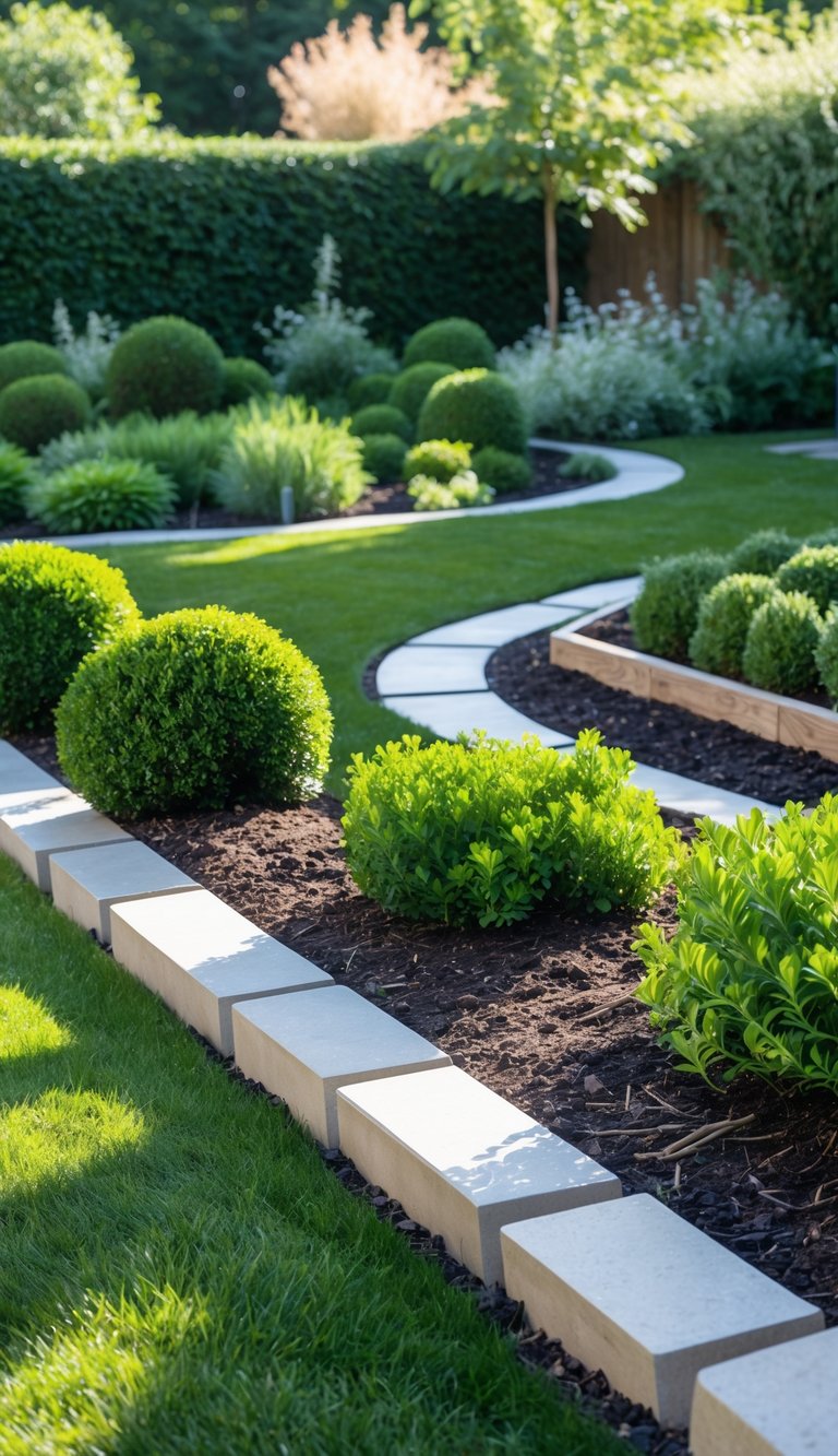 A garden with neatly trimmed shrub borders blending greenery and structured garden bed edges around flower beds and pathways.