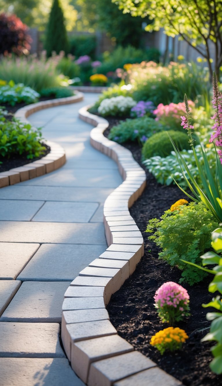A garden walkway with neat paver edging and colorful flower beds surrounded by green plants.