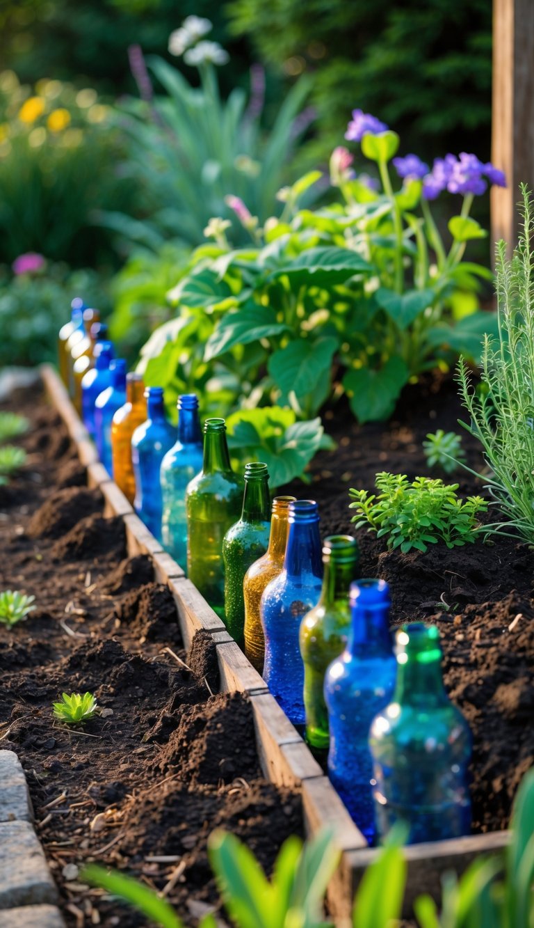 A garden bed bordered with recycled glass bottles surrounded by green plants and flowers.