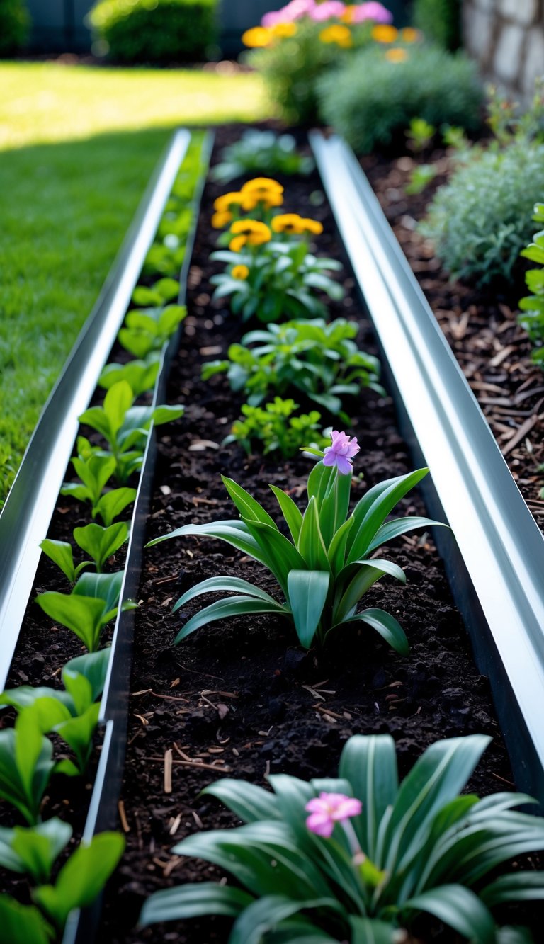 A garden bed bordered by sleek steel edging strips with green plants and colorful flowers inside.