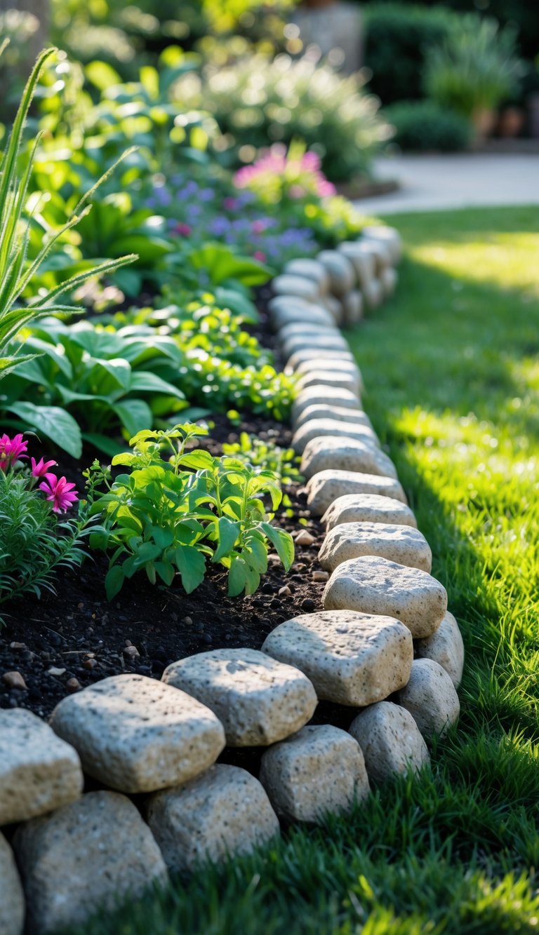 A garden bed bordered by neatly arranged cobblestone stones with green plants and colorful flowers inside.
