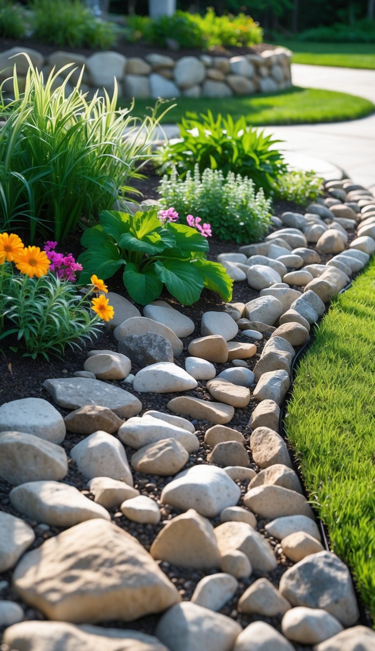 A garden bed bordered by smooth river rocks with green plants and colorful flowers inside.