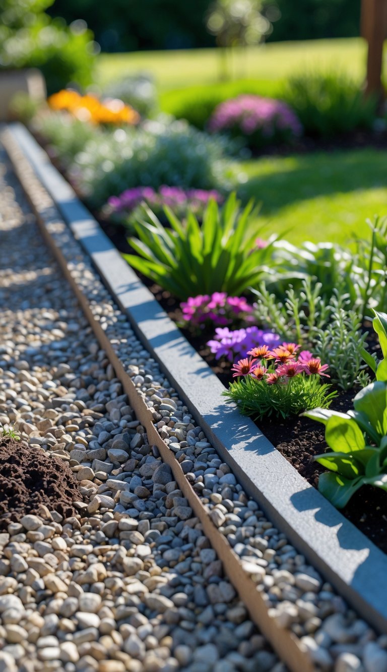 A garden bed bordered by gravel edging separating green grass from colorful flowering plants.