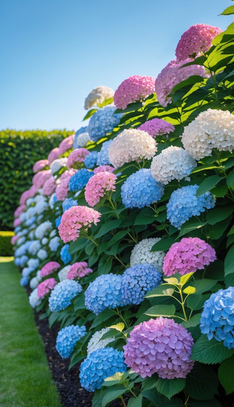 A dense hydrangea hedge with large pink, blue, and white flowers along a garden pathway.