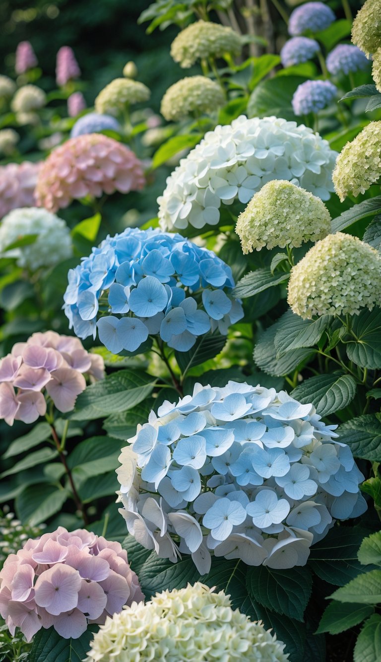A garden with blooming bigleaf and oakleaf hydrangeas showing varied textures and colors under natural sunlight.